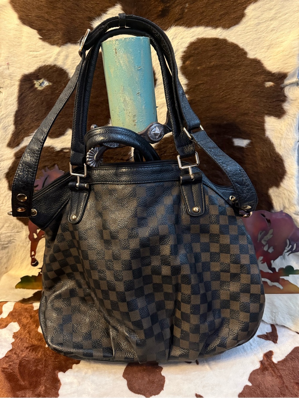 Black Checkered Shoulder Tote Bag with Dual Carry Straps